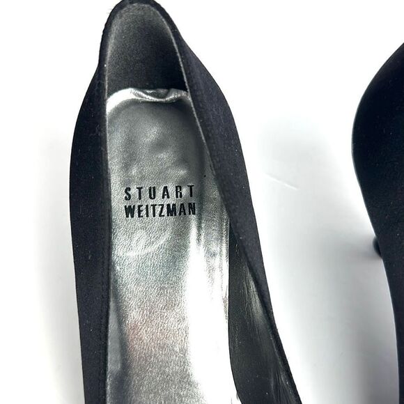Stuart Weitzman Black Peau De Soie Satin
Peep Toe Tonal Rhinestone Accent Pumps - Picture 10 of 12